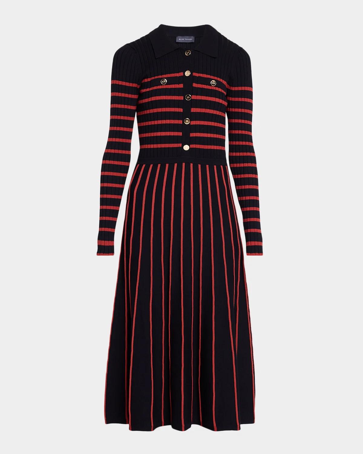 Elie Tahari Elodie Striped Rib-Knit Midi Shirtdress