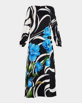 Elie Tahari Renata Floral Silk-Blend Crewneck Midi-Dress