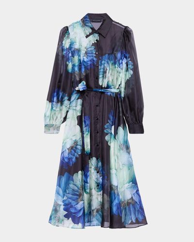 Elie Tahari Romy Floral Organza Self-Belt Midi Shirtdress