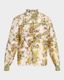 Elie Tahari The Athena Lace-Trim Floral Pintuck Blouse
