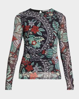 Elie Tahari The Delilah Ruched Floral-Print Mesh Top