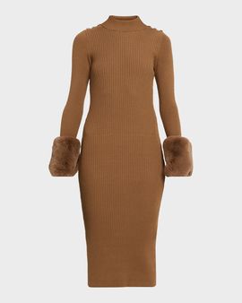 Elie Tahari The Savannah Faux Fur-Cuff Midi Sweater Dress