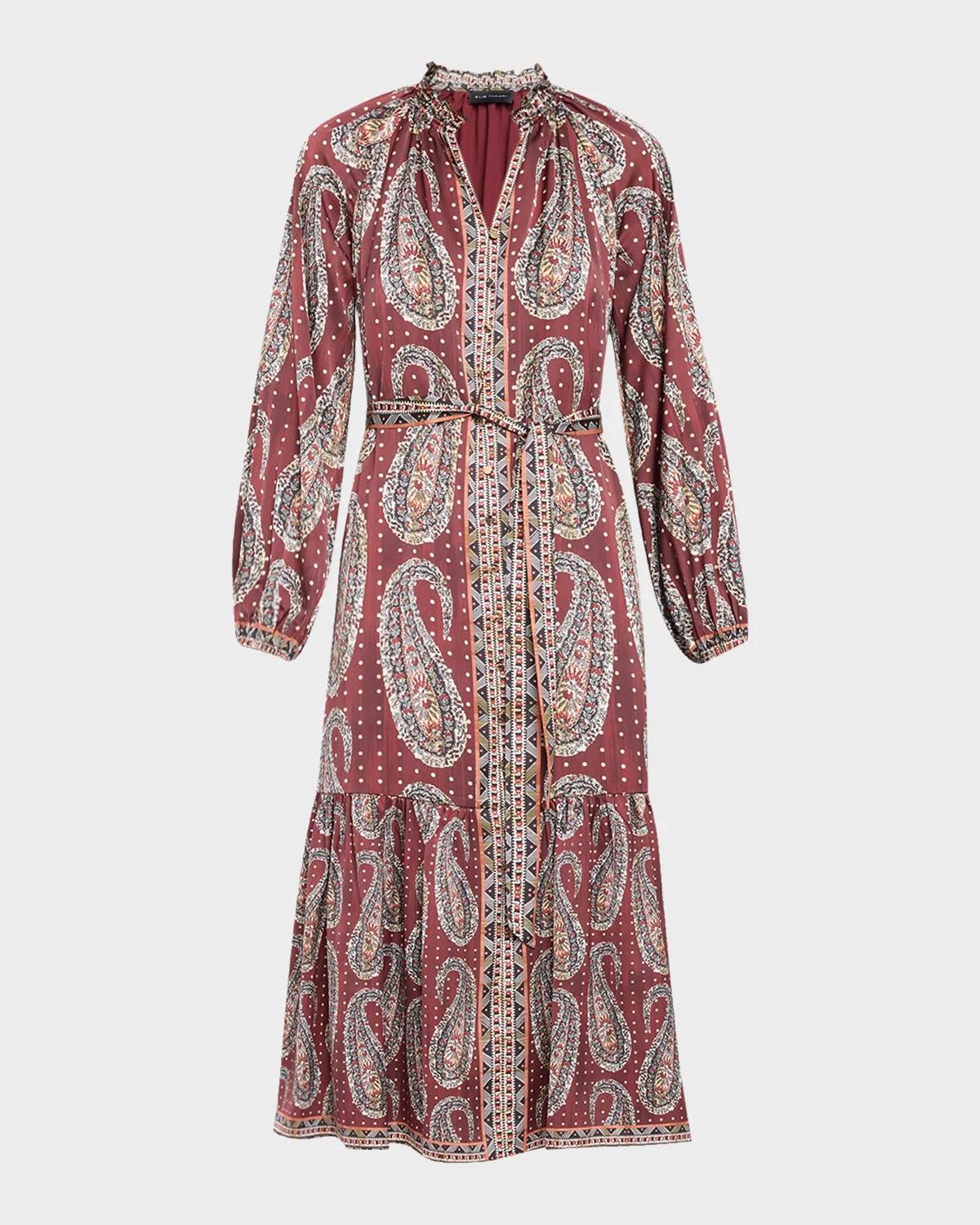 Elie Tahari The Sienna Paisley-Print Flounce Midi Dress