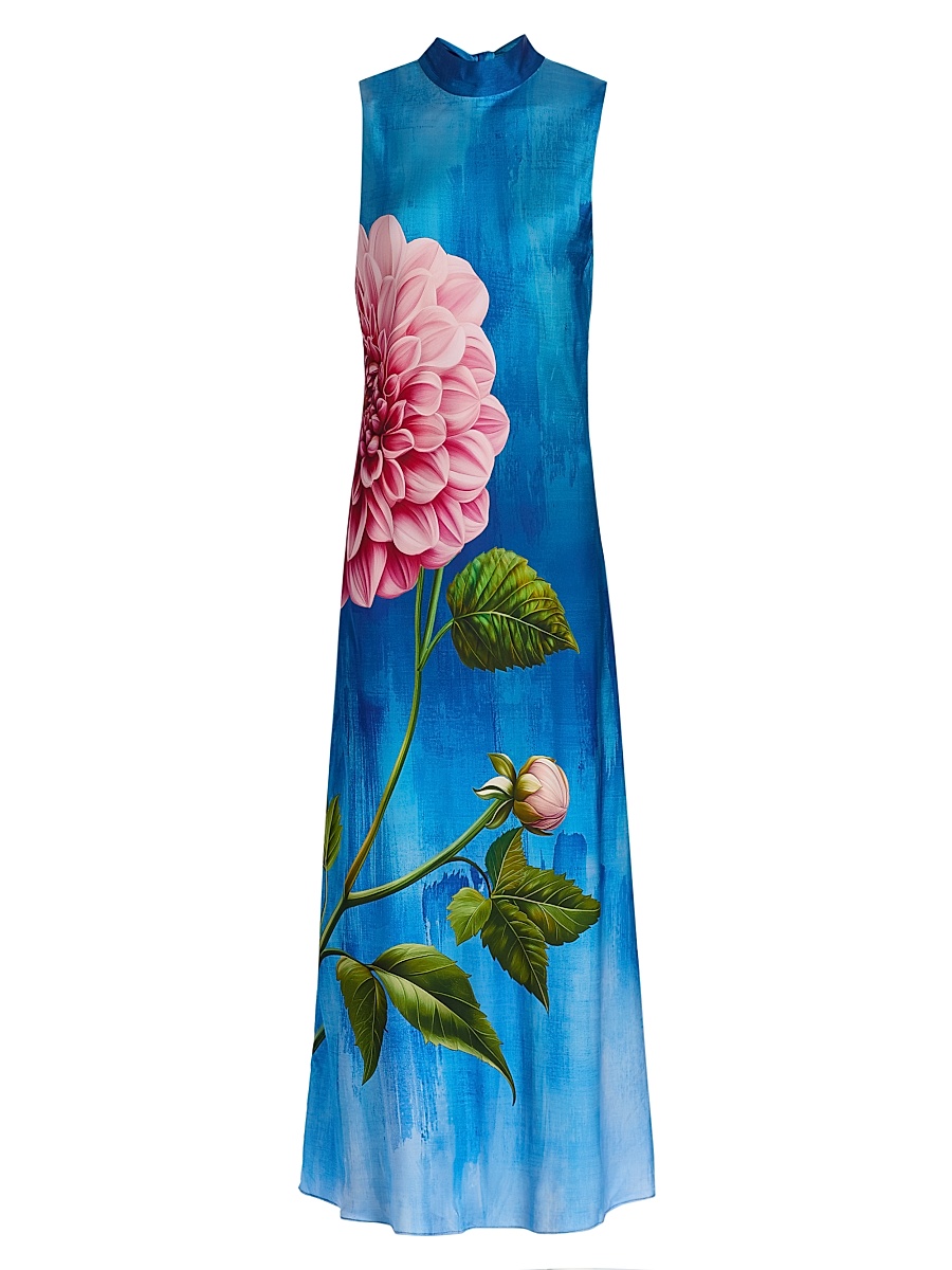 princess polly baby blue dress Elie Tahari The Mila Placed Floral Long Sleeve Silk Blend Midi Dress main image 1