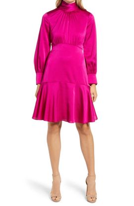 Eliza J Eliza J High Neck Shirred Long Sleeve Satin Dress