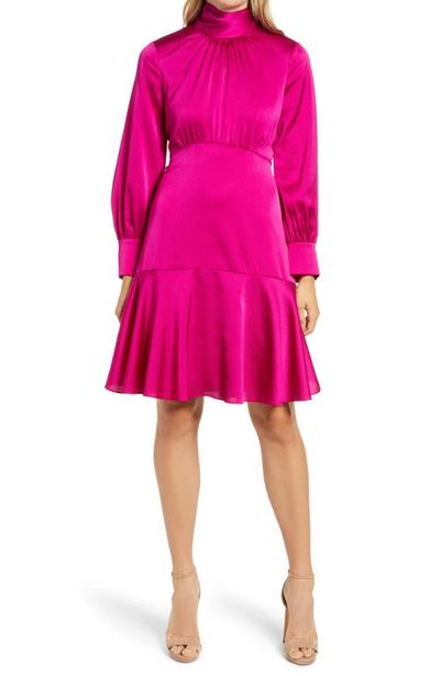 Eliza J Eliza J High Neck Shirred Long Sleeve Satin Dress