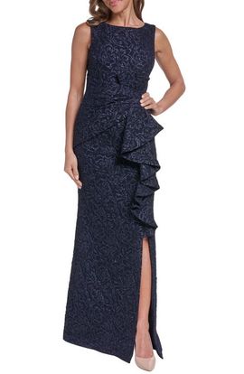 Eliza J Eliza J Metallic Floral Jacquard Cascade Ruffle Gown