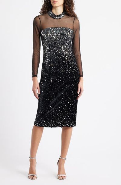 Eliza J - Mixed Media Sequin Long Sleeve Cocktail Midi Dress Eliza J - Mixed Media Sequin Long Sleeve Cocktail Midi Dress
