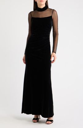 Eliza J Eliza J Mock Neck Long Sleeve Mixed Media Gown