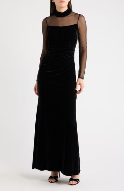 Eliza J Eliza J Mock Neck Long Sleeve Mixed Media Gown