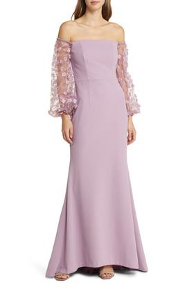 Eliza J Eliza J Off the Shoulder 3D Floral Sleeve Scuba Crepe Evening Dress