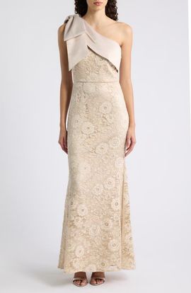 Eliza J Eliza J One Shoulder Bow Metallic Lace Gown