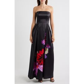 Eliza J Eliza J Placed Floral Strapless Satin Ballgown
