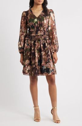 Eliza J Eliza J Print Smocked Waist Long Sleeve Dress