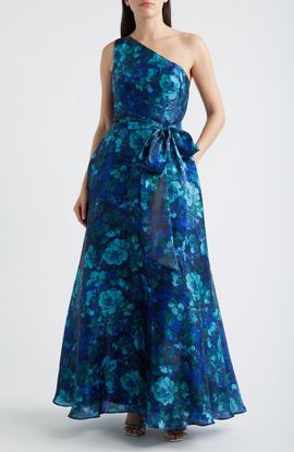 Eliza J Eliza J Print Tie Waist One-Shoulder Gown