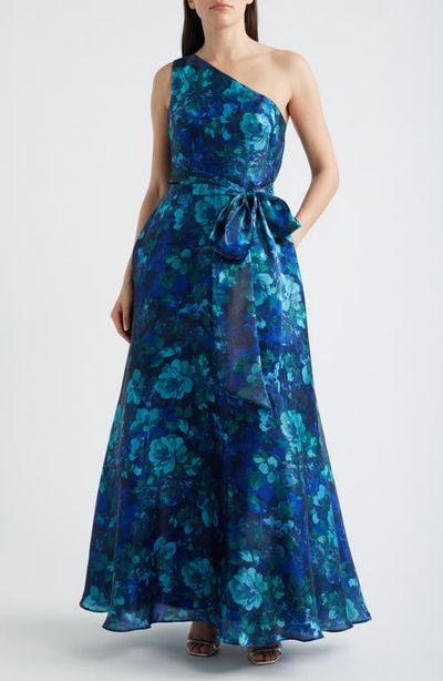 Eliza J Eliza J Print Tie Waist One-Shoulder Gown
