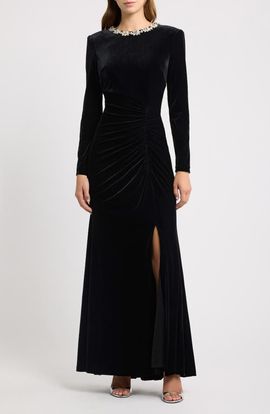 Eliza J Eliza J Rhinestone Detail Long Sleeve Velvet Gown