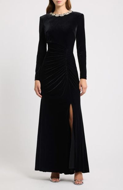 Eliza J Eliza J Rhinestone Detail Long Sleeve Velvet Gown