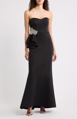 Eliza J Eliza J Rhinestone Ruffle Detail Sweetheart Strapless Gown
