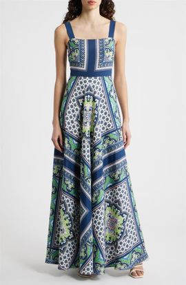 scarf print crpe de chine fit & flare maxi dress Eliza J