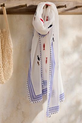 Elizabeth Gillett Embroidered Fish Square Cotton Scarf