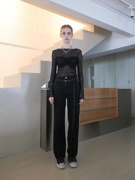 ellonarc Belted Slit Denim Pants_Black