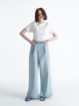 ellonarc Denim Pleats Tuck Wide Wrap Pants_Light Blue