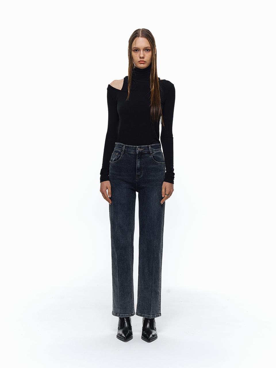 ellonarc Loose-Fit Straight Denim Pants (Blue Black)