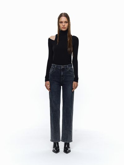 ellonarc Loose-Fit Straight Denim Pants (Blue Black)