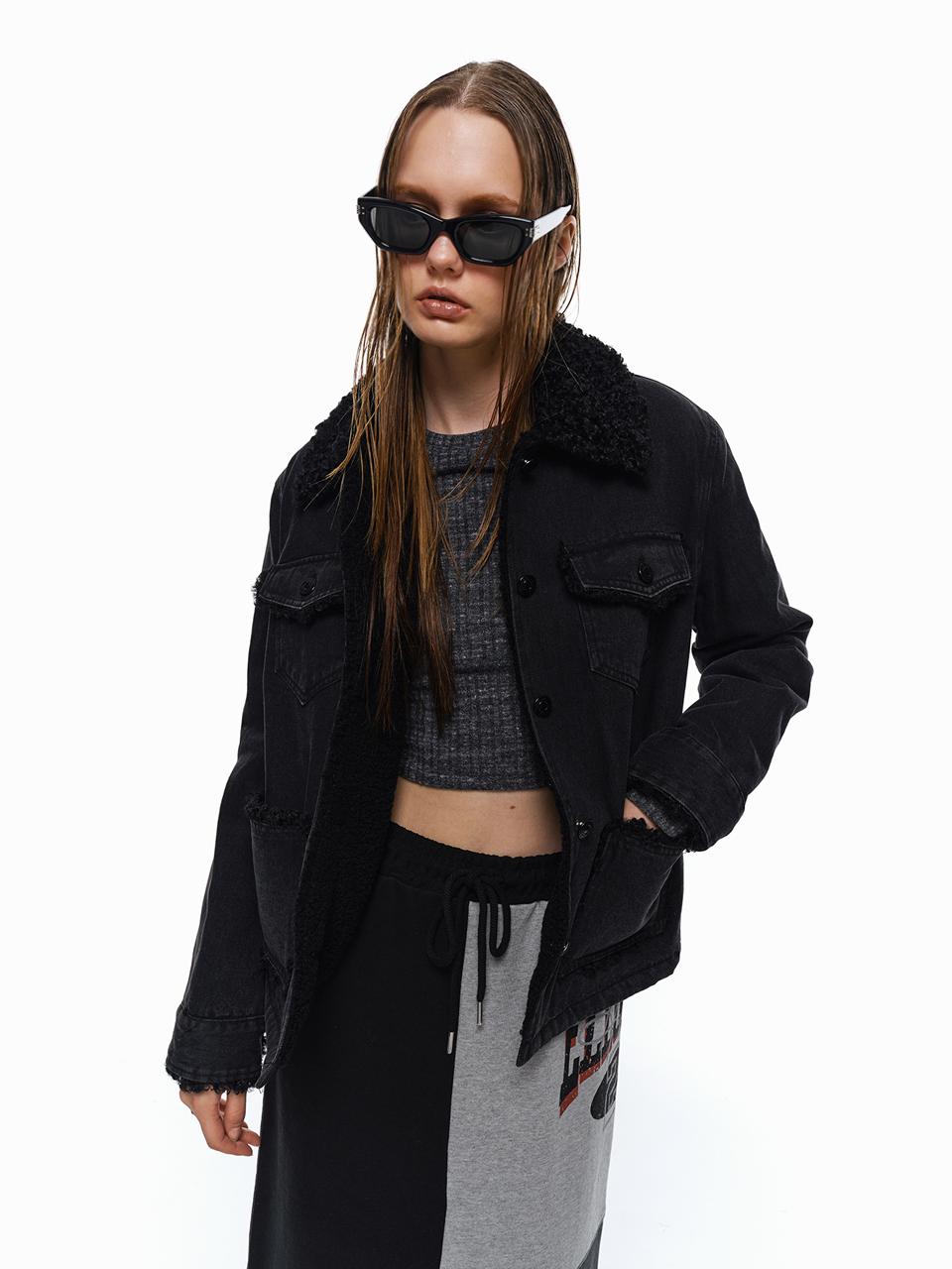 ellonarc Pocket denim fur jacket_Black