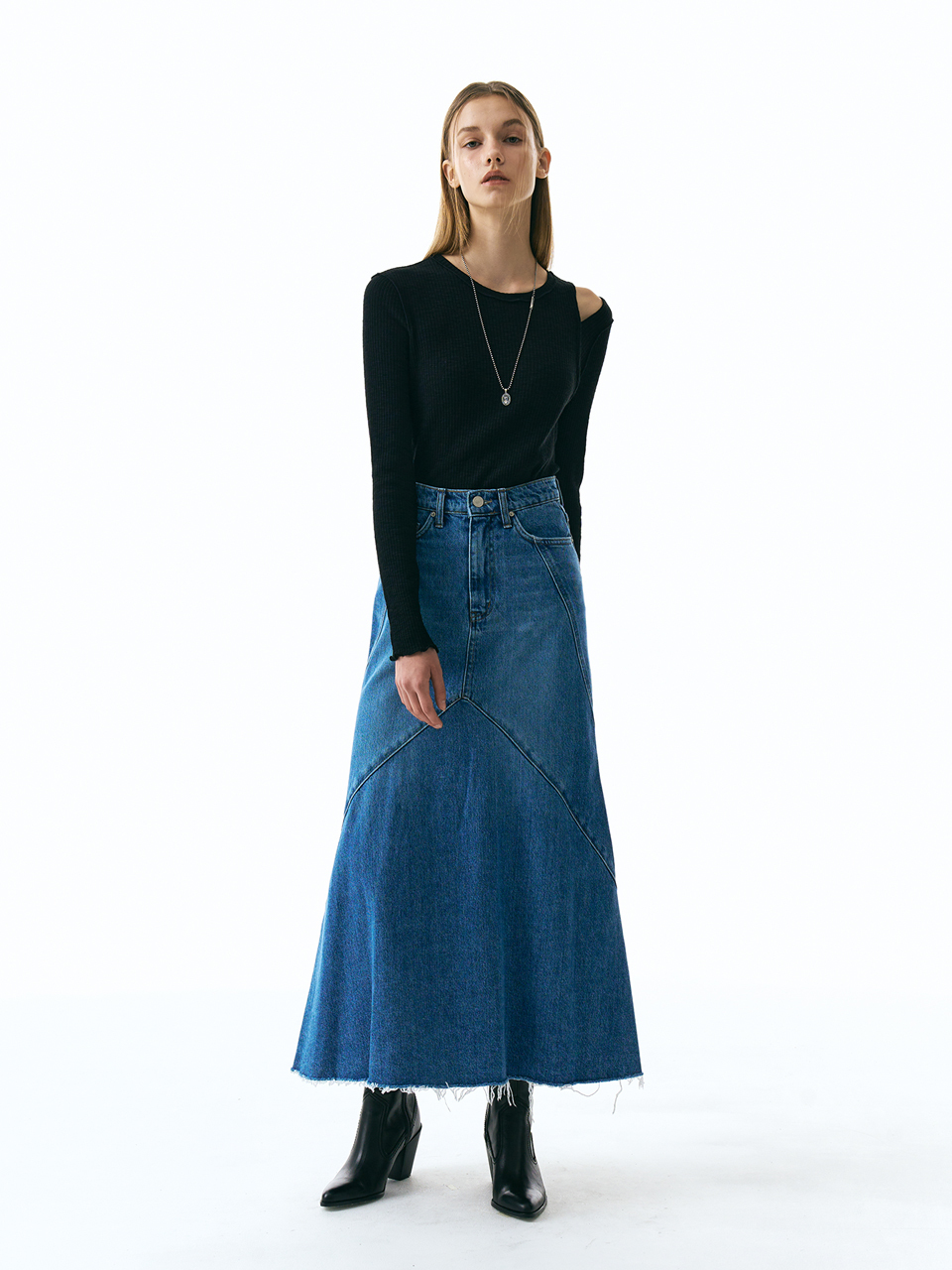 ellonarc Slit Detail Denim Long Skirt_Blue