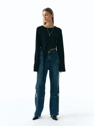 ellonarc Slit Vintage Wide Denim Pants