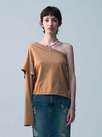 ellonarc Unbalanced Off-Shoulder T-Shirt_Brown