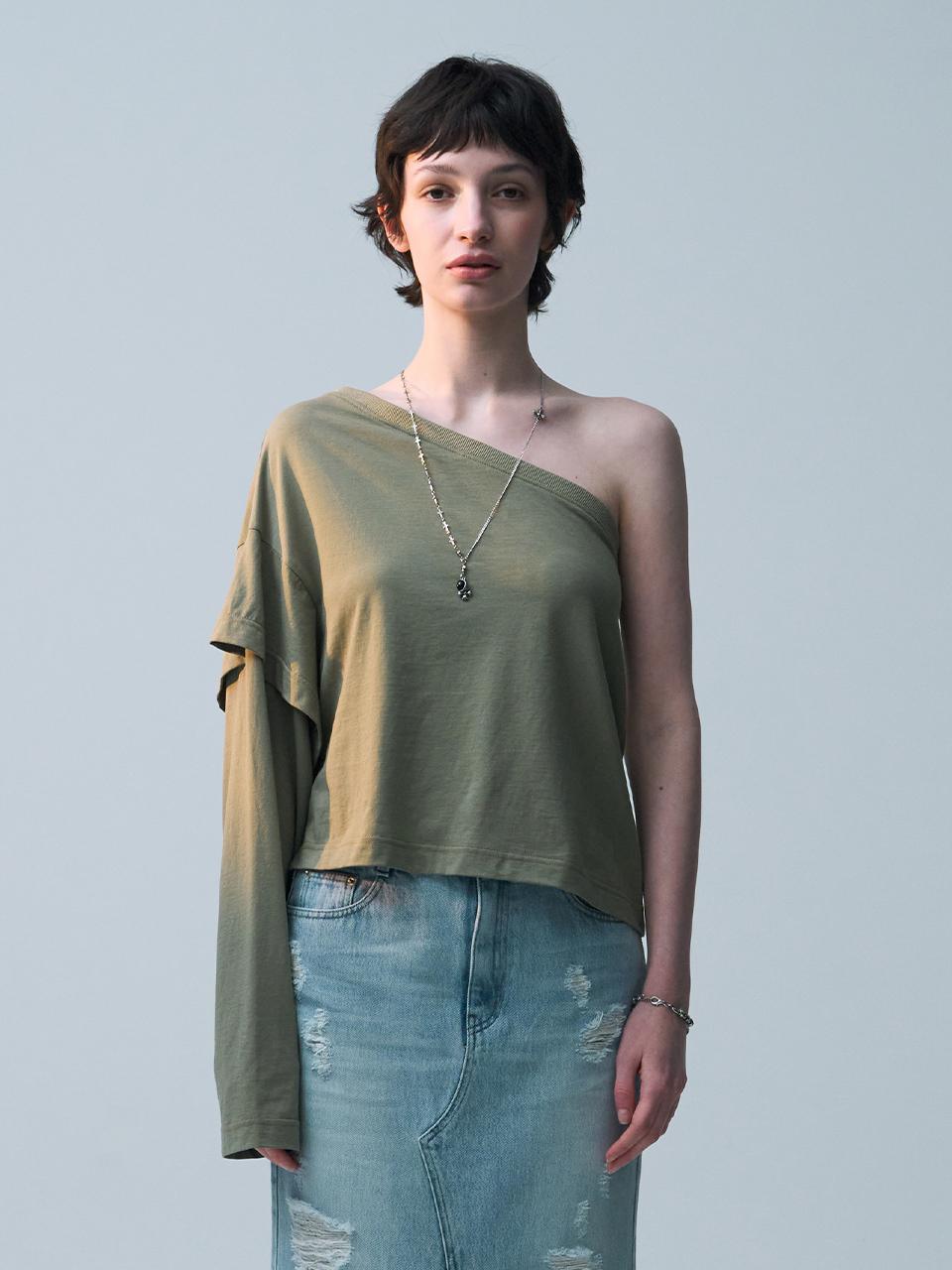 ellonarc Unbalanced Off-Shoulder T-Shirt_Khaki