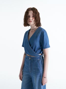 ellonarc Wrap Padded Denim Blouse_Blue