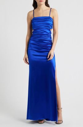 Emerald Sundae Emerald Sundae Ruched Sleeveless Satin Gown