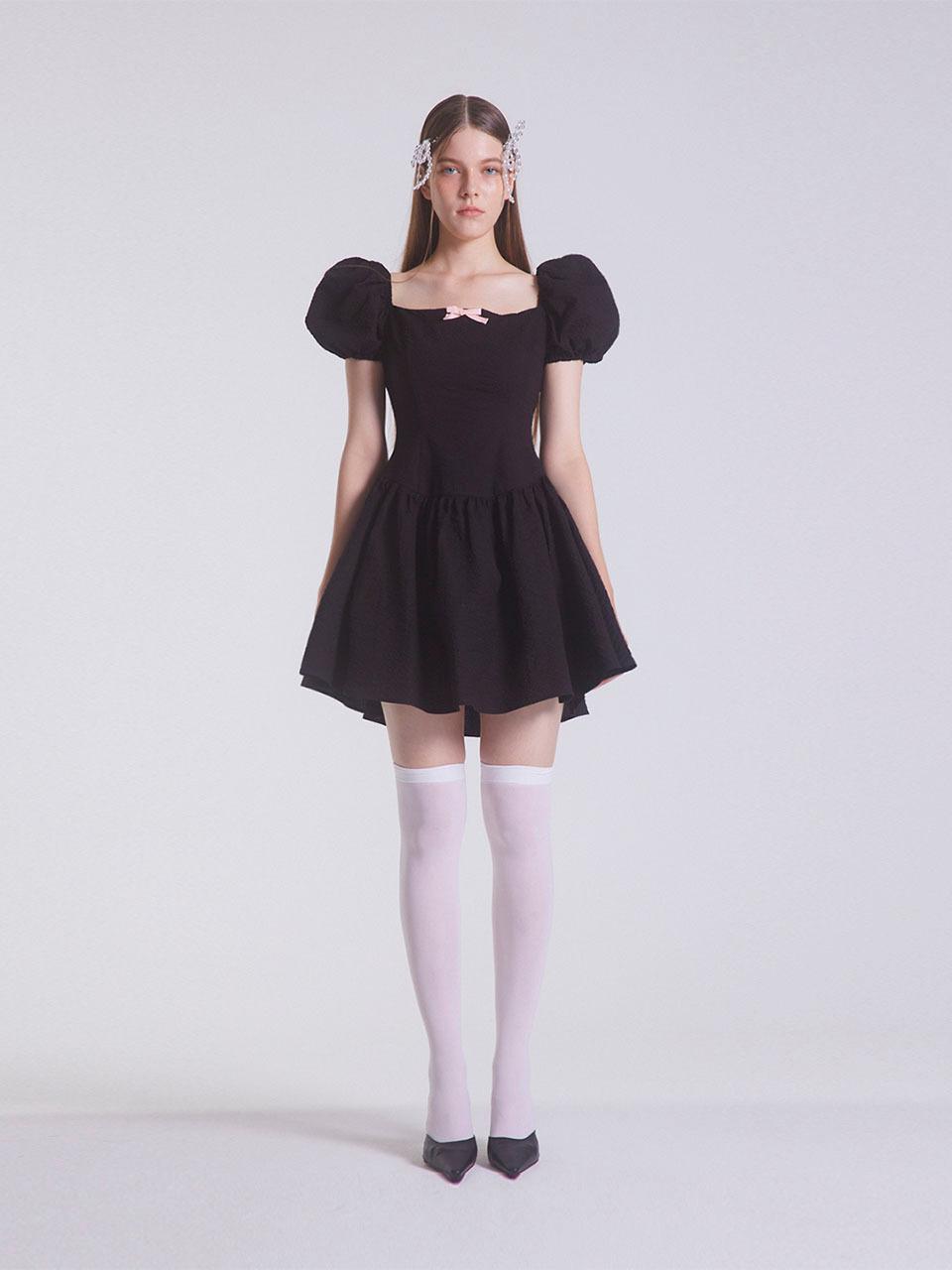 emilee F Puff Sleeve Ribbon Detail Babydoll Dress [Black]