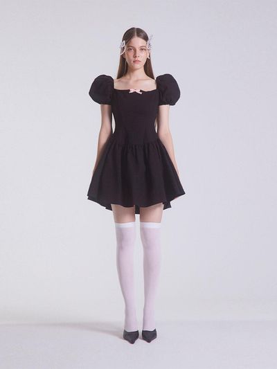 emilee F Puff Sleeve Ribbon Detail Babydoll Dress [Black]