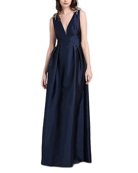 Emily Shalant Emily Shalant Embellished Faille Deep V Neck Gown