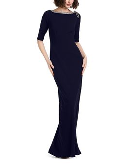 Emily Shalant Emily Shalant Stretch Crepe Elbow Sleeve Embellished Gown