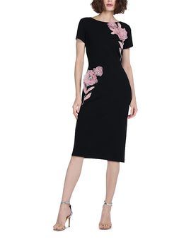 Emily Shalant Emily Shalant Stretch Crepe Organza Crystal Flower Applique Midi Dress
