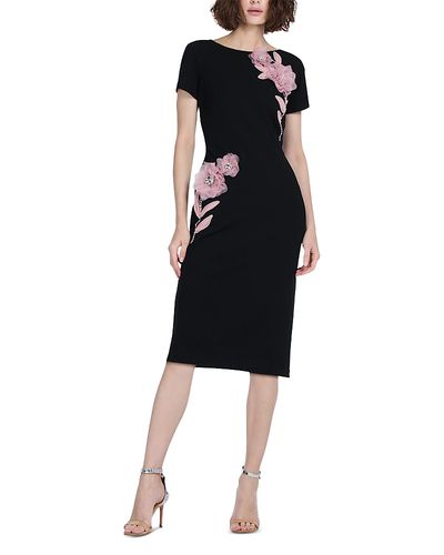Emily Shalant Emily Shalant Stretch Crepe Organza Crystal Flower Applique Midi Dress