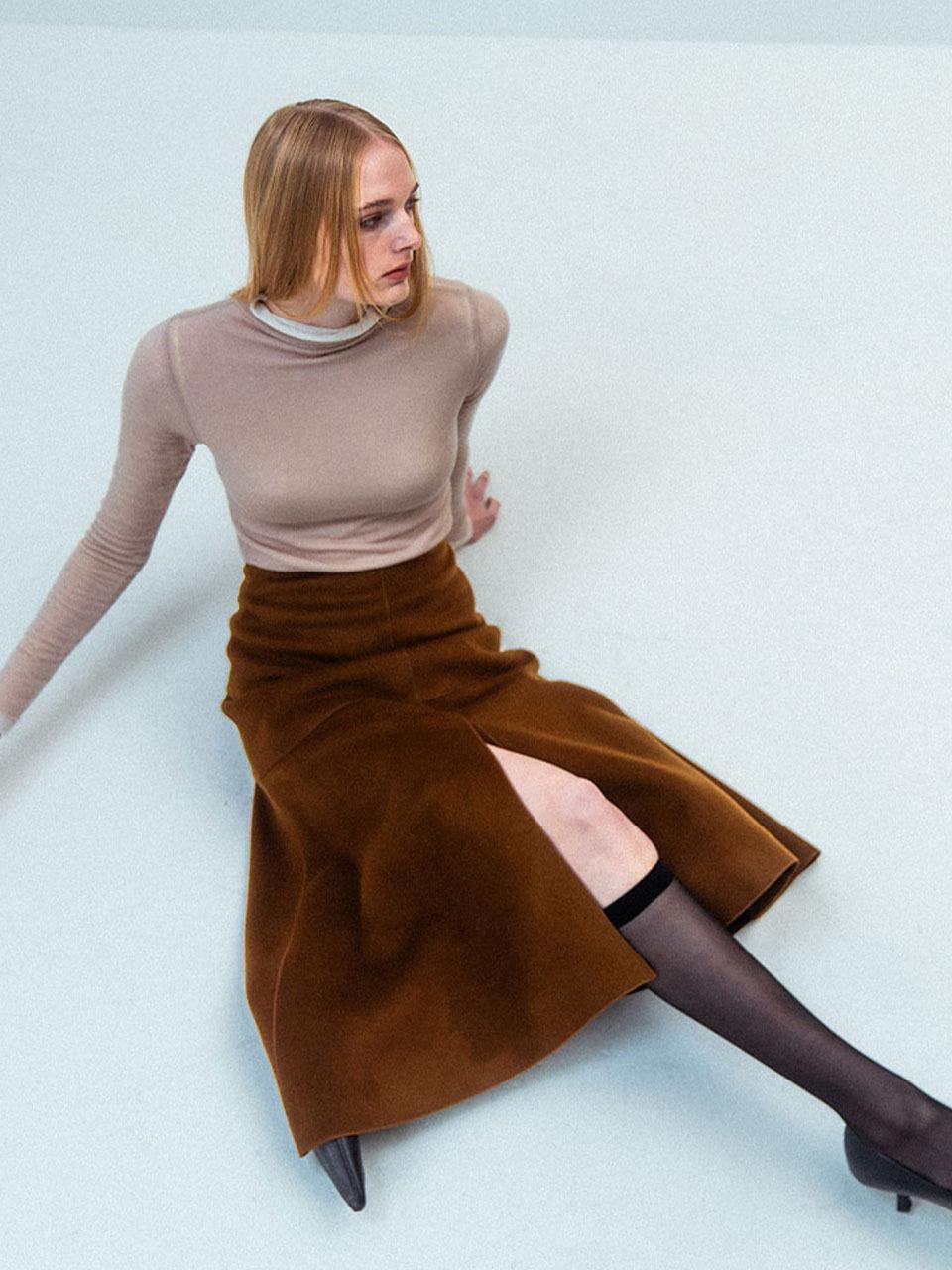Emin & Paul A-line Double-layered Wool Skirt [Brown]