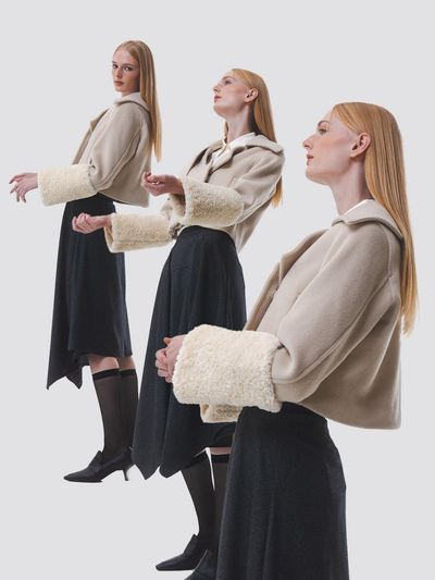 Emin & Paul Asymmetric Curve Collar Cropped Wool Jacket [Beige]