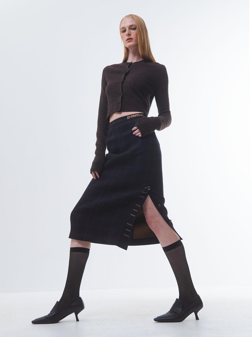 Emin & Paul Check Button Up H-line Skirt [Brown]