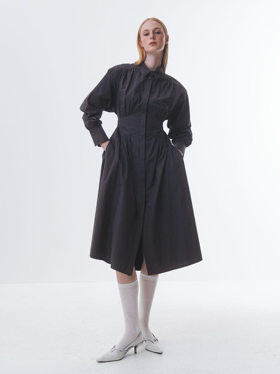 Emin & Paul Cotton Cinched Waist Shirred Dress [CHARCOAL]