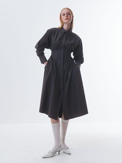 Emin & Paul Cotton Cinched Waist Shirred Dress [CHARCOAL]
