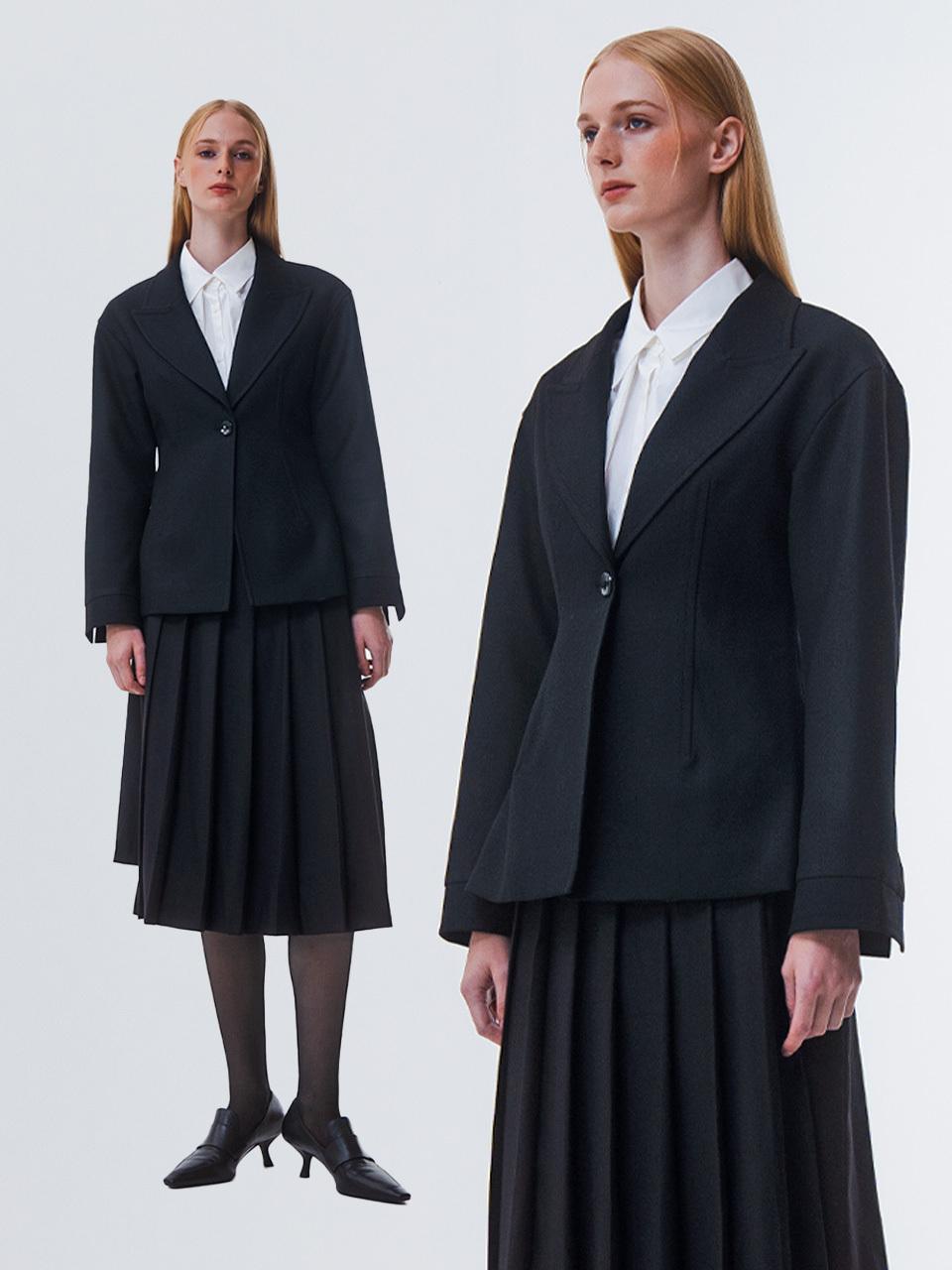Emin & Paul Curved Balloon Sleeve Wool Blazer [Black]