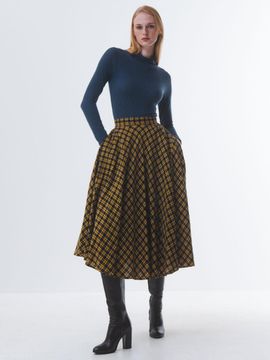 Emin & Paul Plaid Cotton Flare Midi Skirt [Golden]