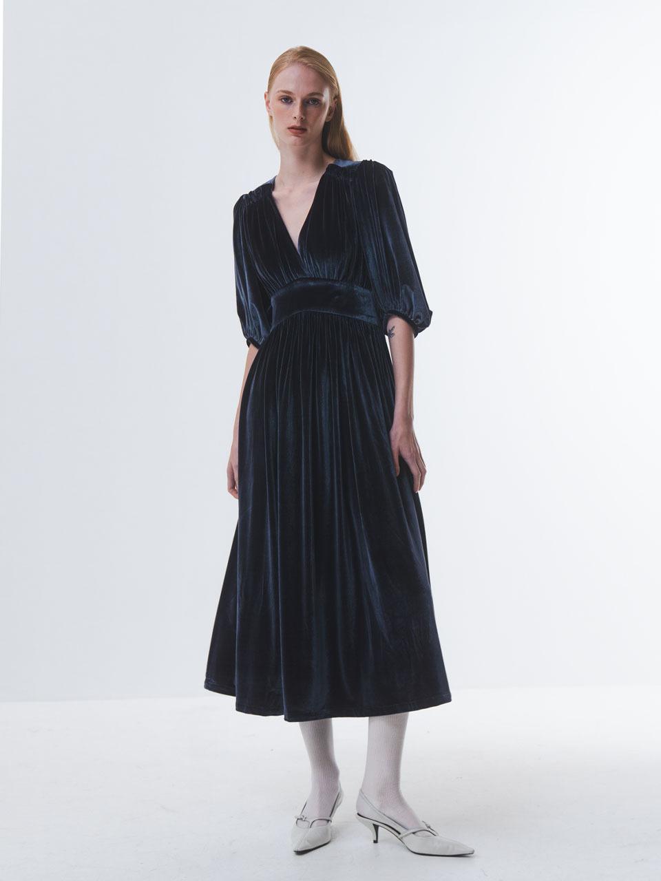 Emin & Paul Velvet V-neck Full Length Dress [Charcoal]